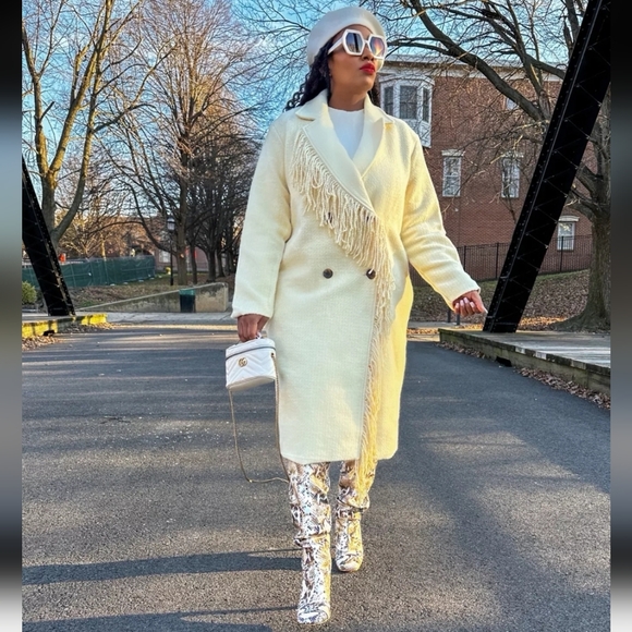 Future Collective Jackets & Blazers - Future Collective × Reese NWT Cream White 2X Notched Double Breasted Fringe Coat